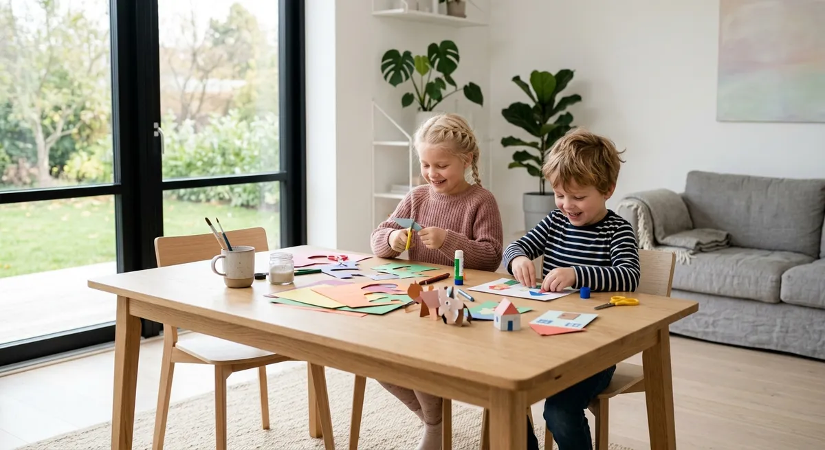 To glade børn i gang med kreativ underholdning for børn ved et træbord i en skandinavisk stue